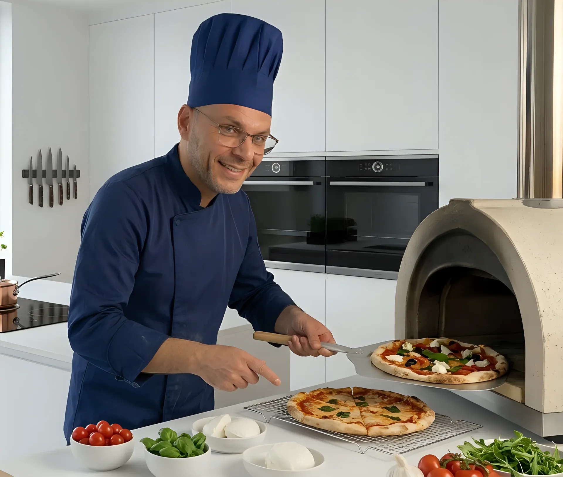 David Nagib in donkerblauwe koksbuis en koksmuts schuift lachend een pizza in de houtoven